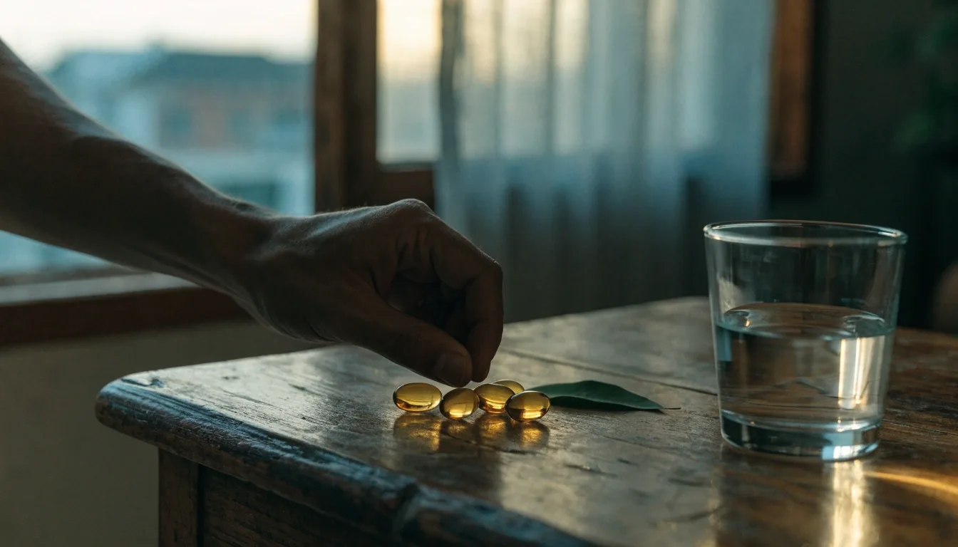 A hand placing a single softgel onto a pale sheet on a glasshouse bench under amber evening light