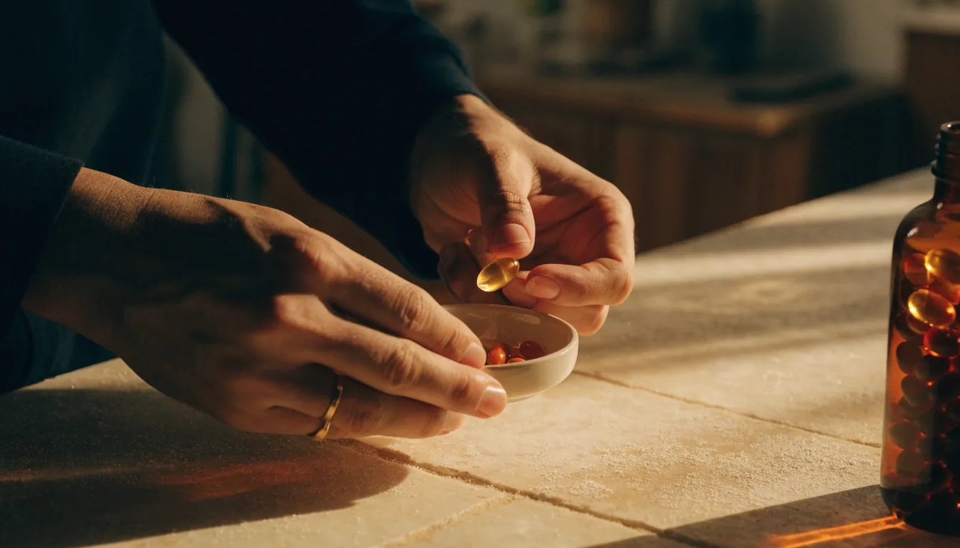 The Jagapria editorial workbench at the end of the day, with pale surfaces and a dish of natural capsules under amber light