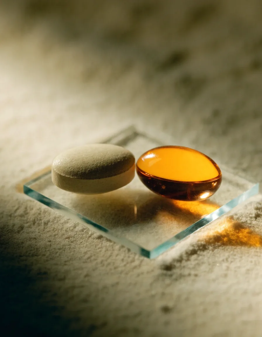 Two men's vitamin capsules set on a glass sheet for a side-by-side ingredient comparison
