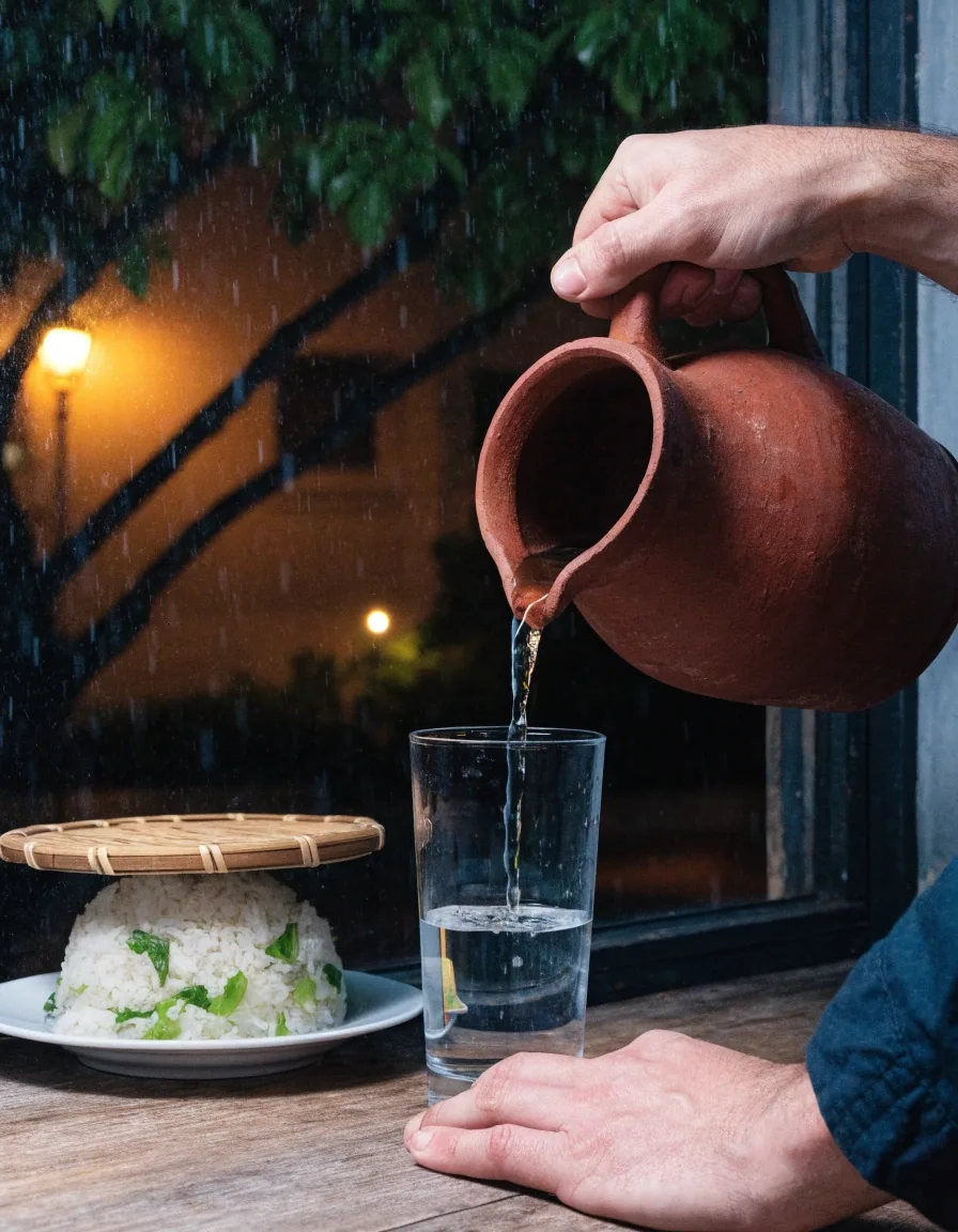 A glass of water and a plain plate on a pale bench by a rain-dark window at night