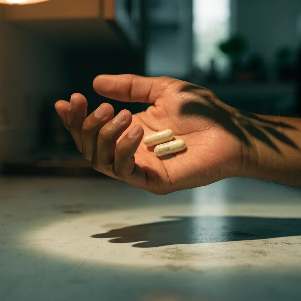 A hand holding two plain capsules above a pale worktop in warm evening light