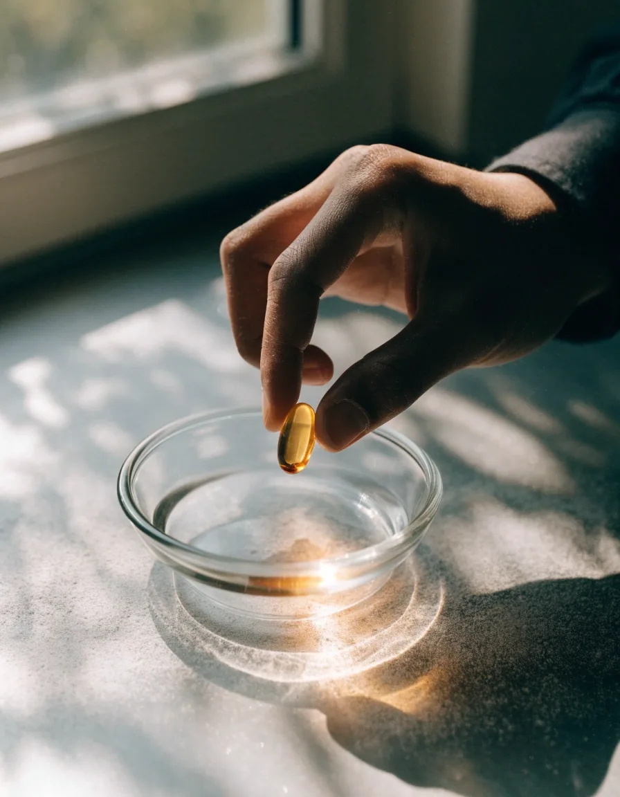A single softgel resting on clear glass under amber rim light