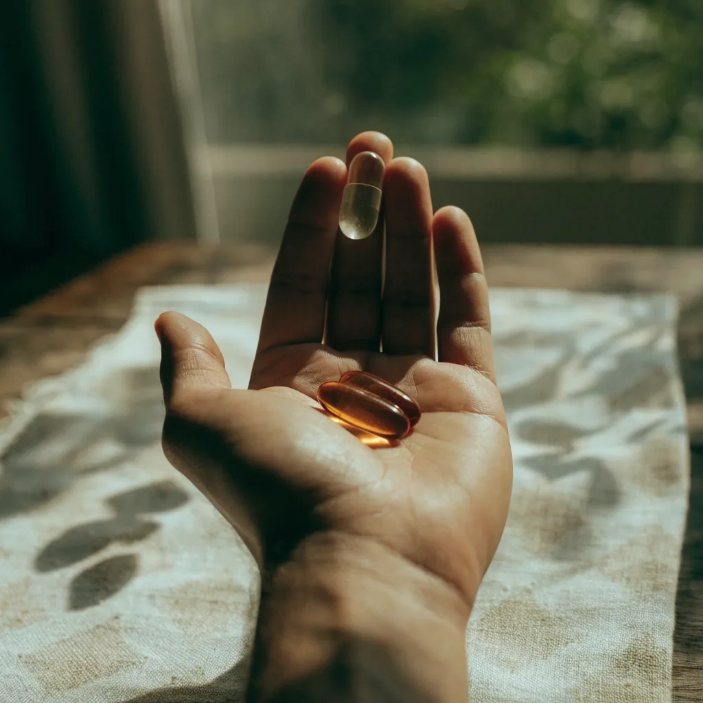 Softgels and a clear capsule resting on pale paper under amber light