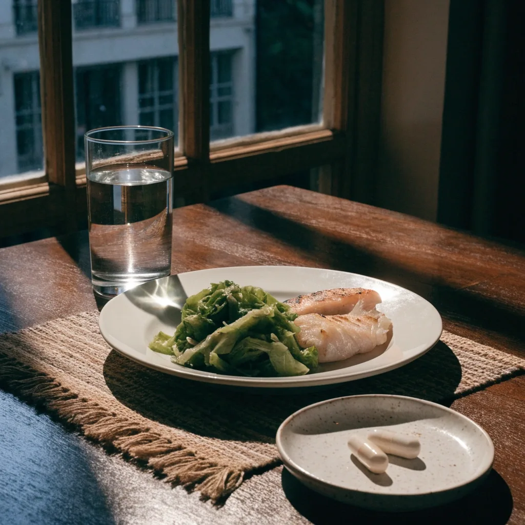 A simple evening meal of greens and grilled fish with a glass of water and two capsules on a pale table