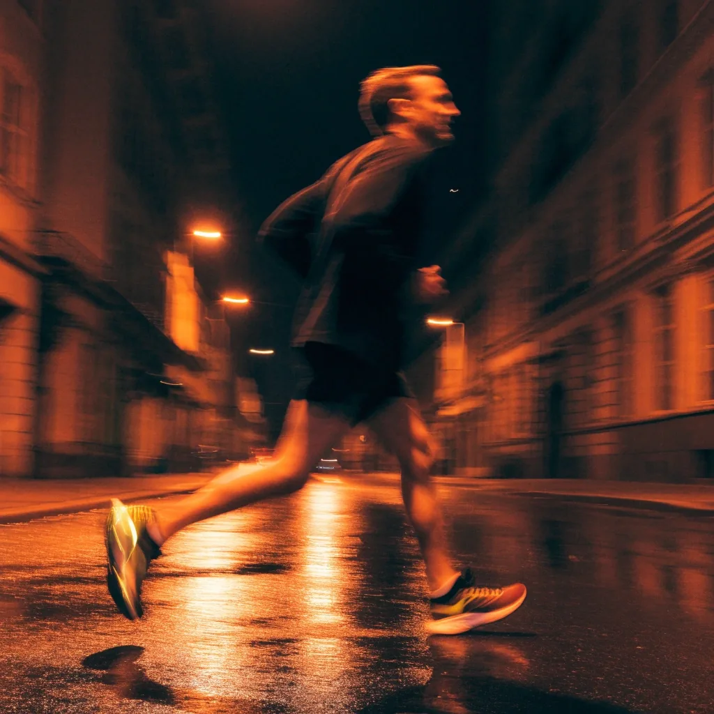 A man running along a wet street at night, amber streetlight reflecting on the pavement