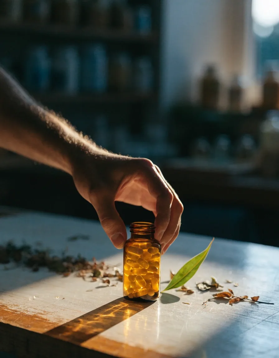 A single softgel on glass, edged by warm amber light with a leaf shadow across the surface