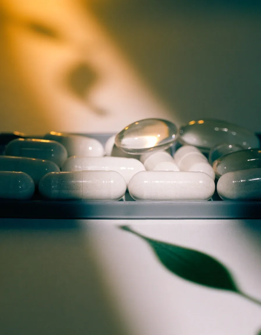 Matte capsules and translucent softgels arranged on a dark tray under raking light
