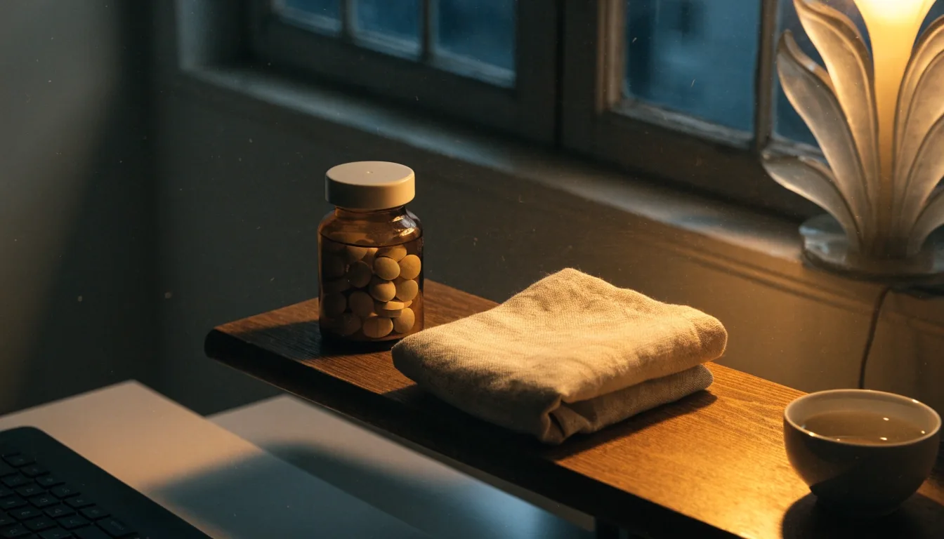 Pale mounting sheets on a glasshouse bench under amber evening light, with a single softgel resting on the paper