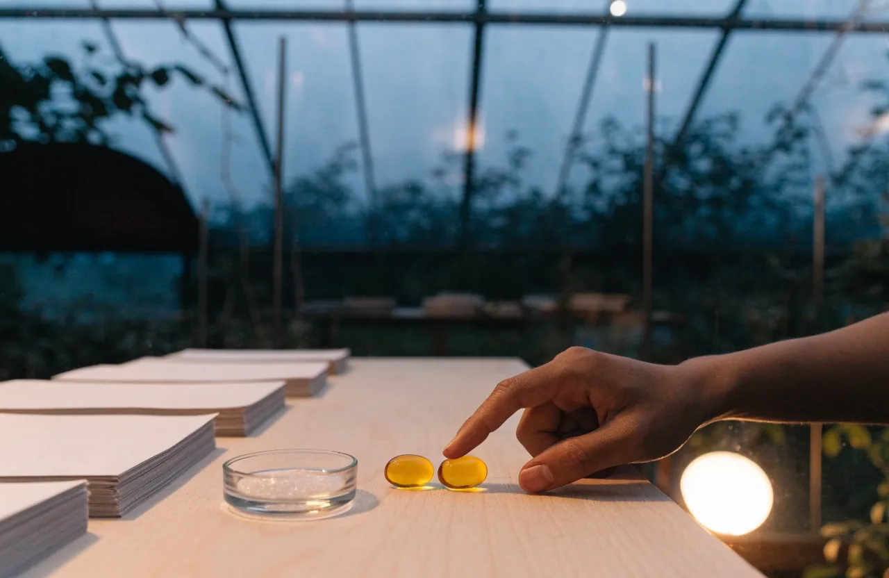 Stacks of blank mounting sheets and a small glass dish of capsules on a glasshouse bench at the end of the day