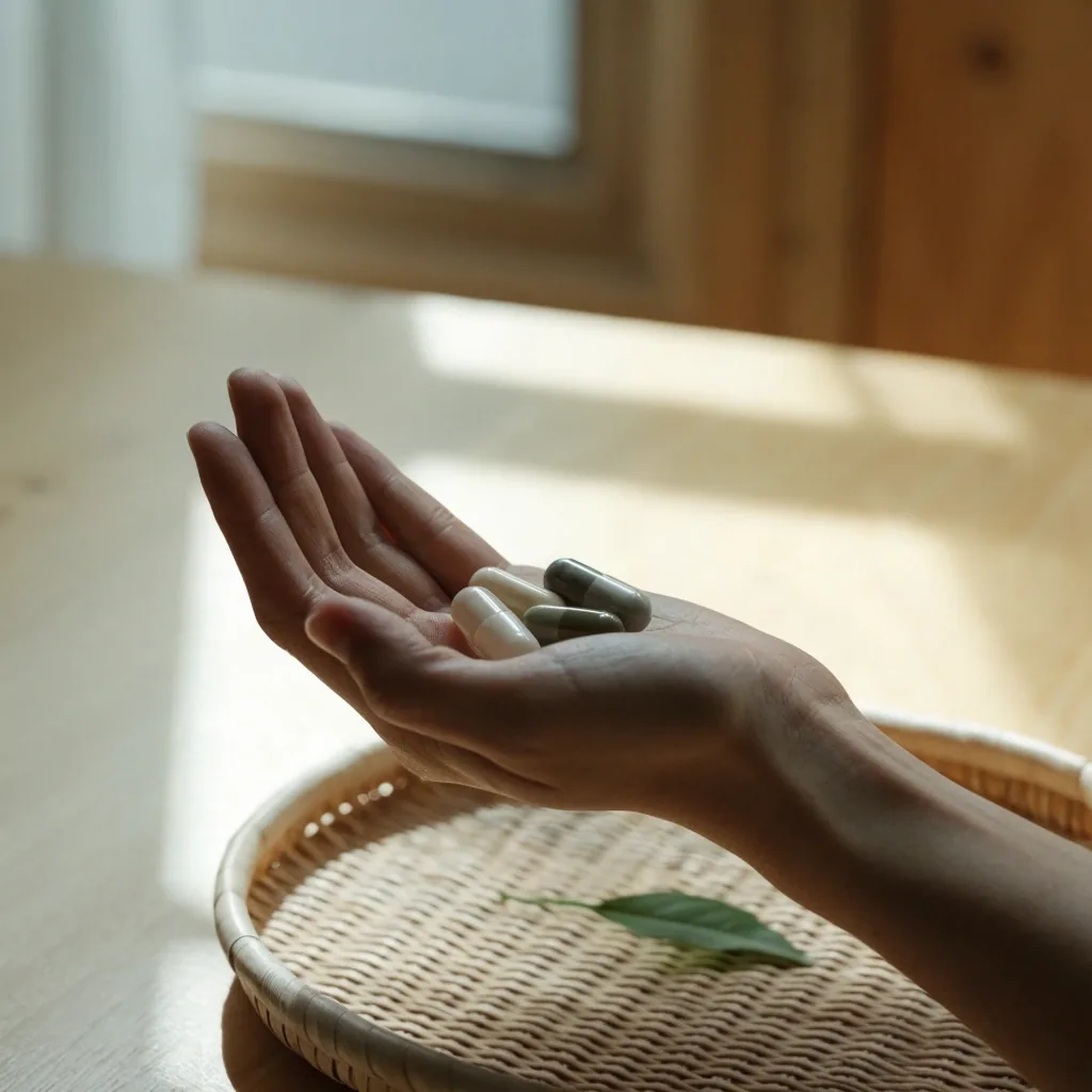 Two hands resting near a plain sheet and a small glass dish of capsules on a pale bench