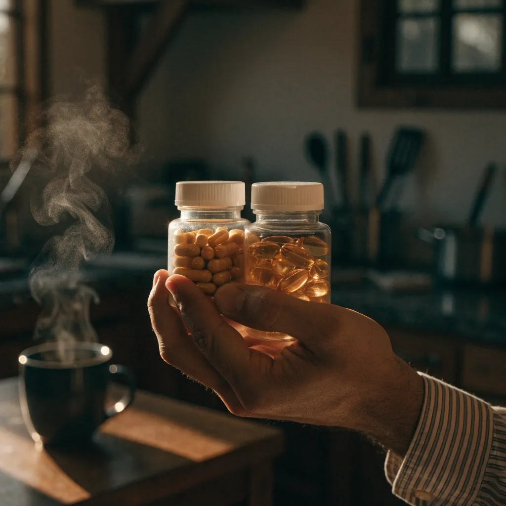 A single capsule at the edge of a pale plate under warm evening light