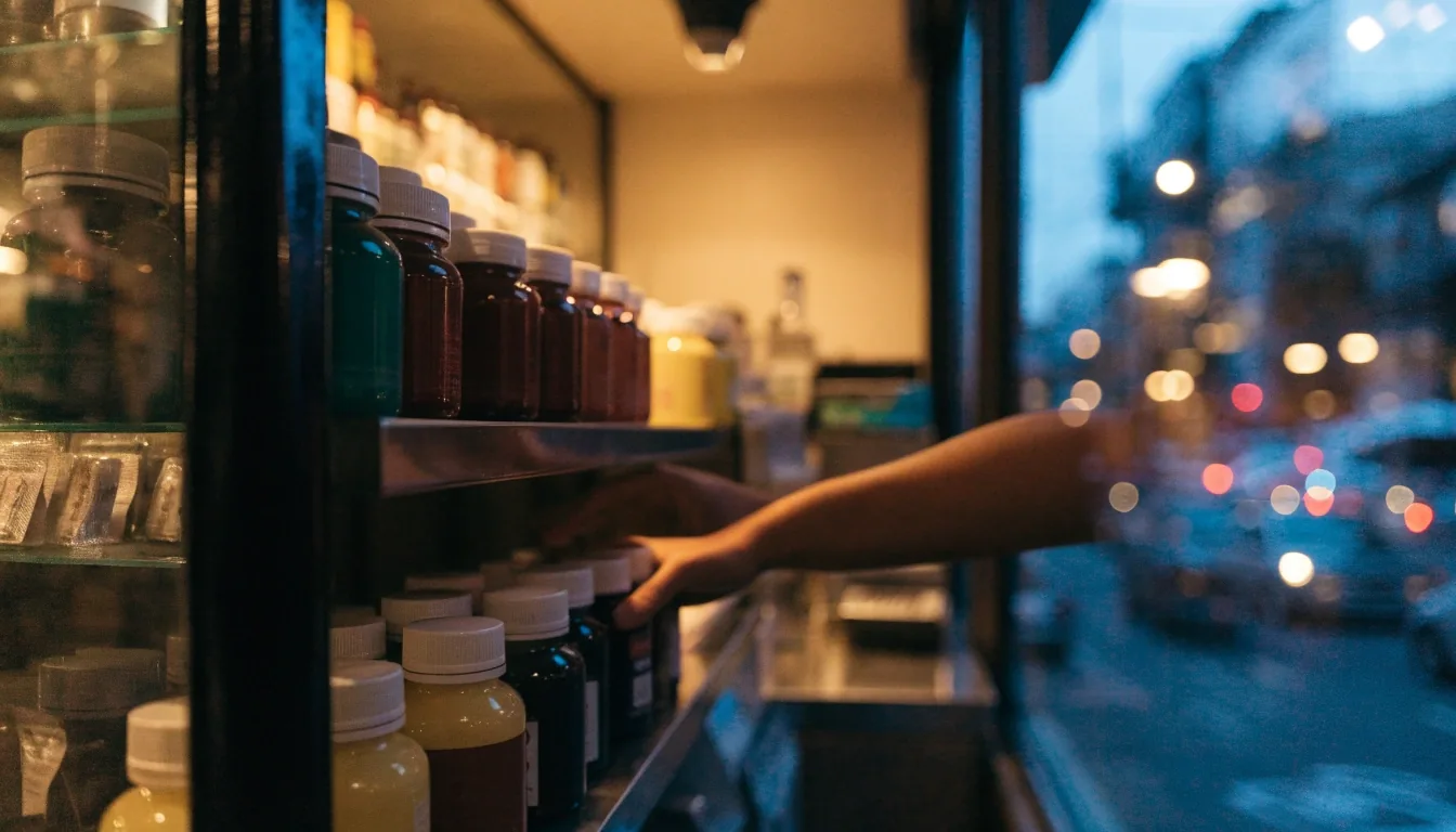 Out-of-focus supplement bottles on a shop shelf in warm evening light