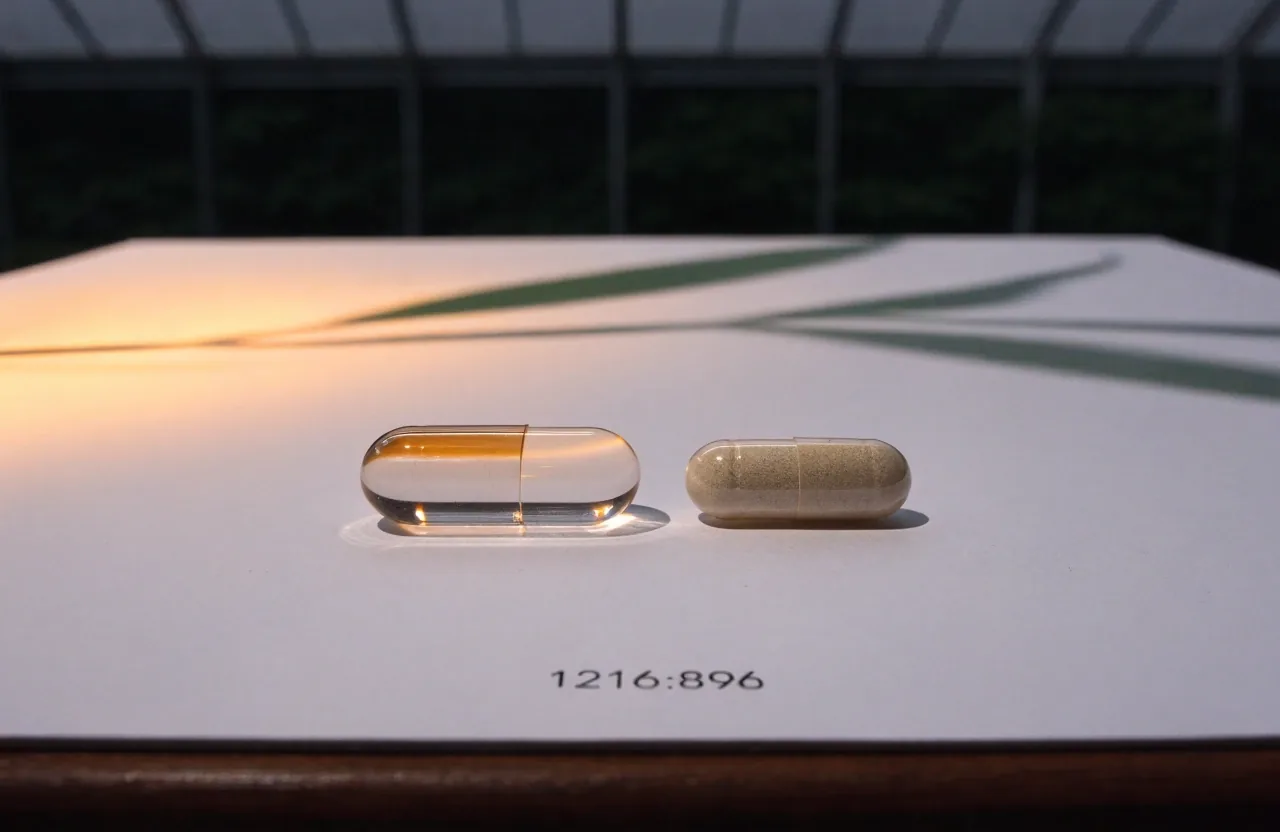 A capsule and a softgel resting on a pale sheet under warm amber light